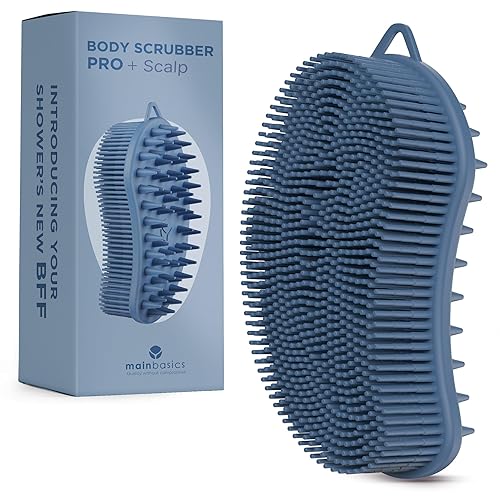 MainBasics Silicone Body Scrubber Dual-Sided Shower Loofah and Scalp Scrubber (Dark Blue, Scalp)