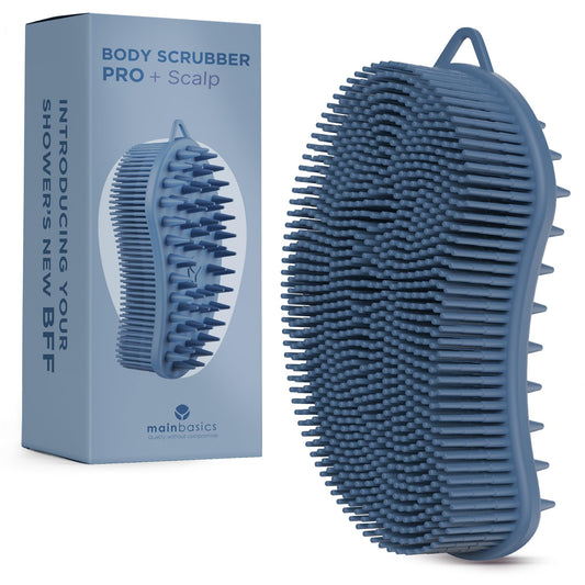 MainBasics Silicone Body Scrubber Dual-Sided Shower Loofah and Scalp Scrubber (Dark Blue, Scalp)