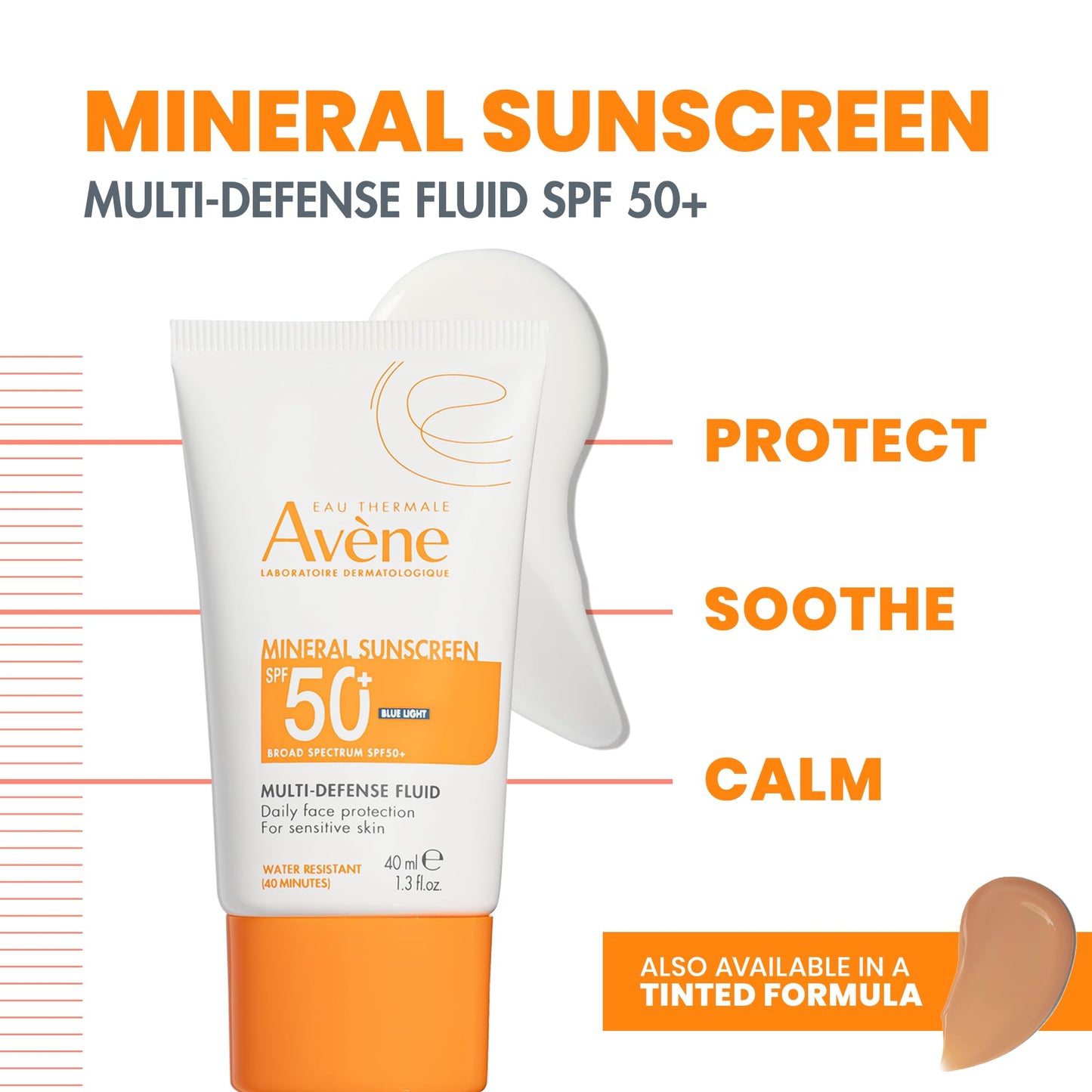 Avène Mineral Sunscreen Multi-Defense Fluid SPF 50+, Clean Formula Sunscreen for Sensitive Skin, Sheer, Water Resistant, Non-Whitening, Antioxidant