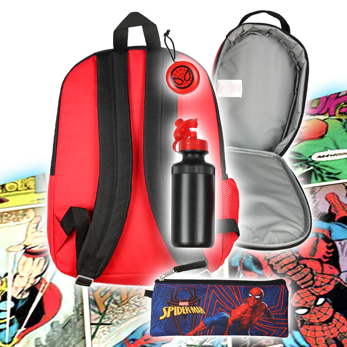 Marvel Spider-Man Backpack Kids 16" 5PC Water Bottle School Combo Set