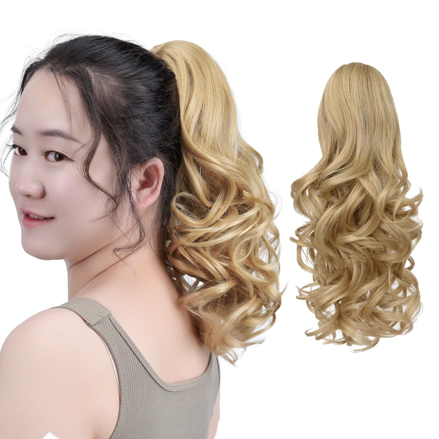 SYXLCYGG Blonde Clip Ponytail Extension – 14" Wavy Claw Clip, 4.3oz Synthetic Yaki, Realistic Fluffy Fake Hairpiece for Women