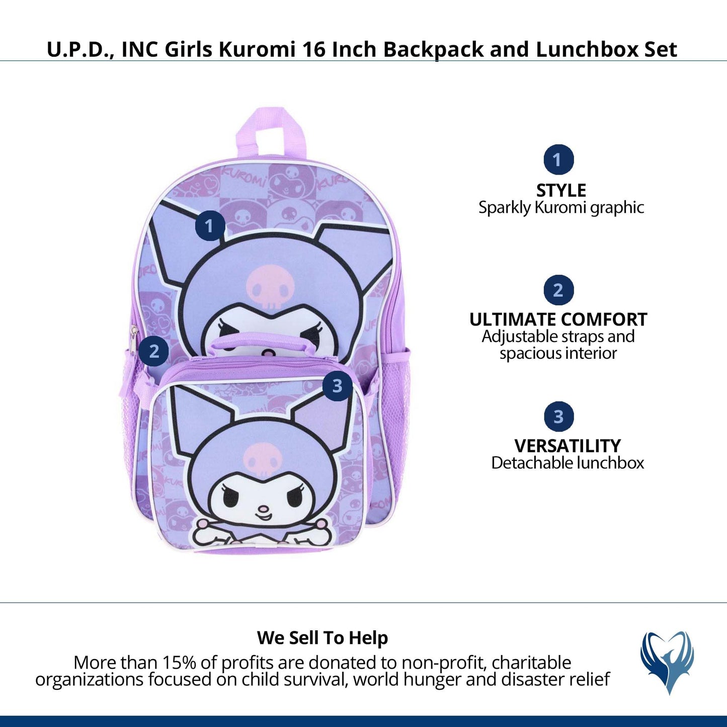 Fast Forward Hello Kitty Kuromi 16" Purple School Backpack and Rectangular Lunch Bag Attached