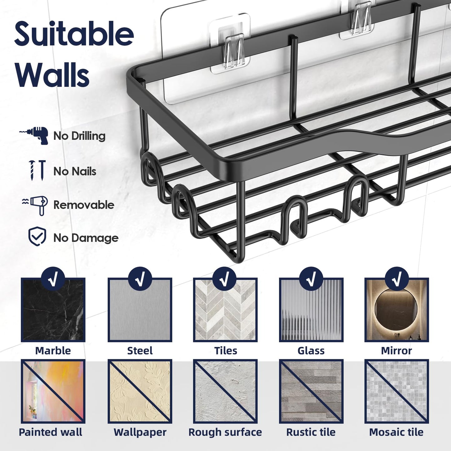 NESOMI 7-Pack Adhesive Shower Caddy – Rustproof No-Drill Bathroom Organizer with Shelves, Soap Dish, Toothbrush Holder & Hooks