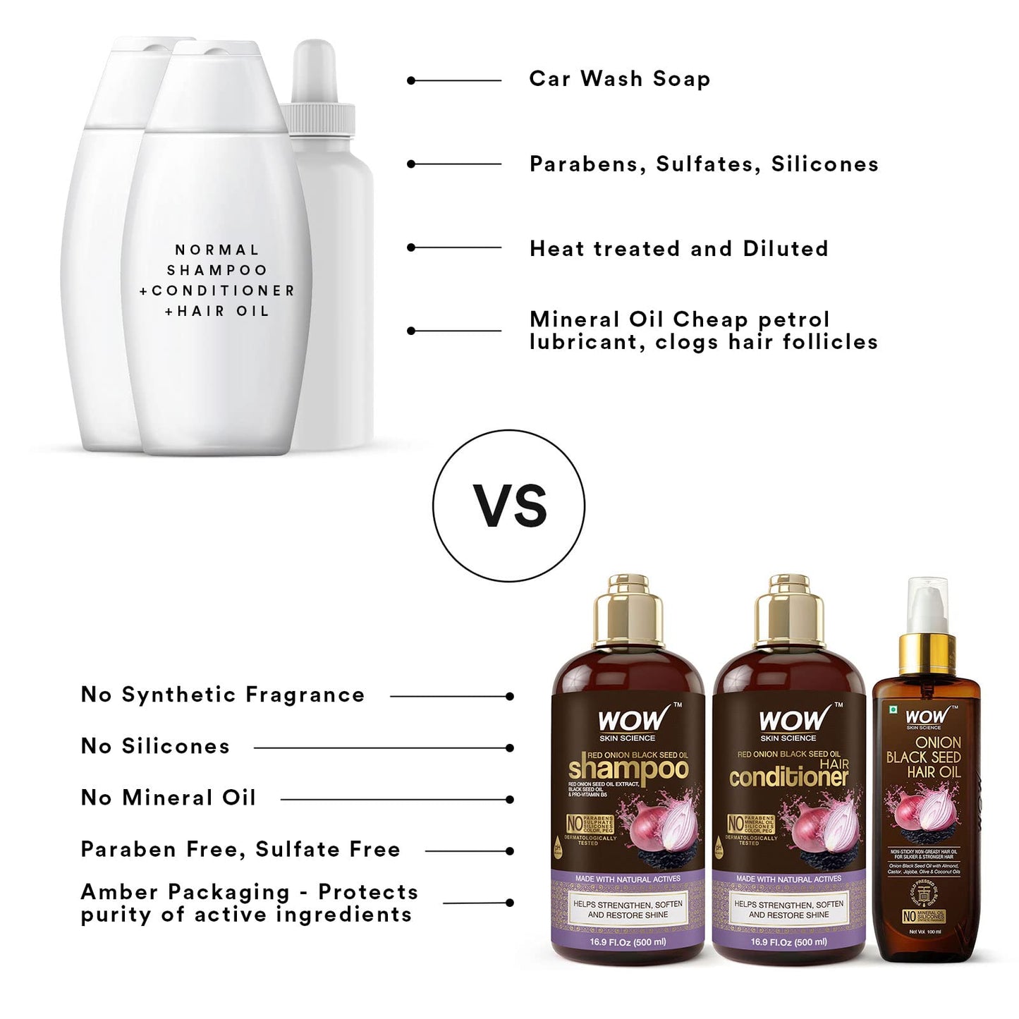 WOW Skin Science Onion Black Seed Oil Shampoo & Conditioner Treatment Set with Oil for Strong, Soft & Shine Hair for All, Dry, Damaged Hair Types
