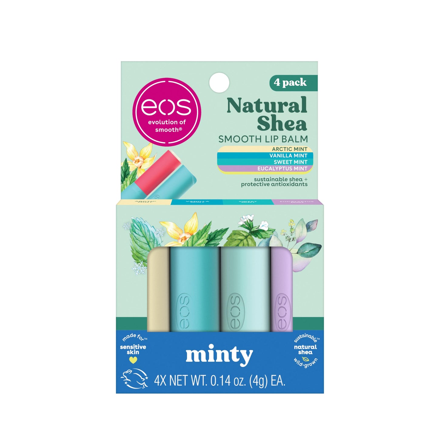 eos Natural Shea Minty Lip Balm Variety Pack - Artic, Vanilla, Sweet and Eucalyptus Mint, All-Day Moisture Lip Balm Gift Set, 0.14 oz, 4-Pack