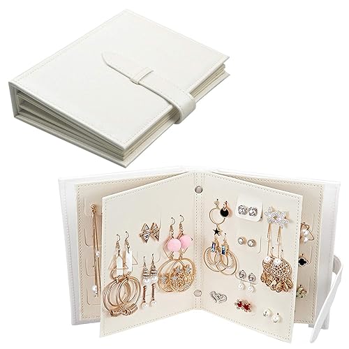 Fangoo Earring Organizer Book Design Earring Holder Travel Jewelry Storage Case Tray Holder, Capable to Hold 42 Pairs (White)