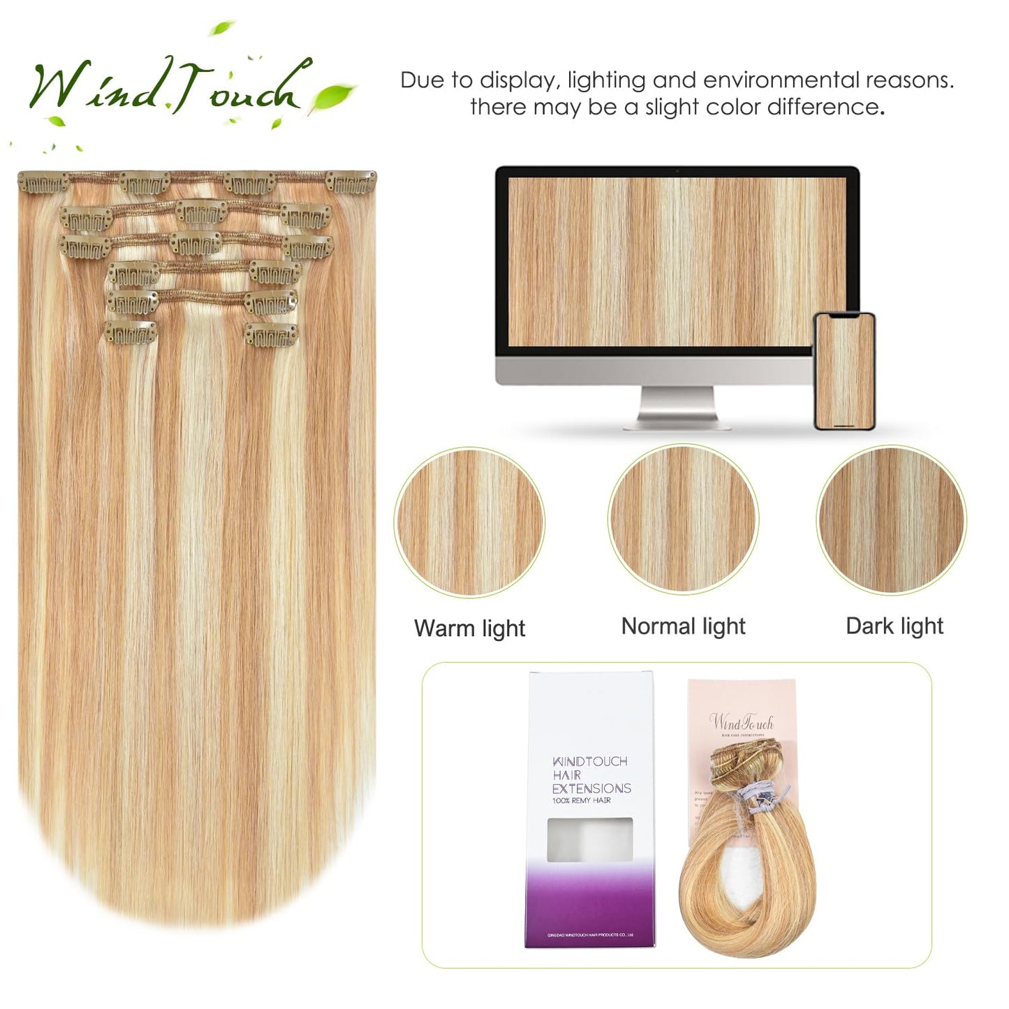 WindTouch Clip in Hair Extensions Remy Hair Reddish Brown to Blonde 20Inch 75g Soft Human Extensions Clip Ins 9A Grade #12P613 7PCS