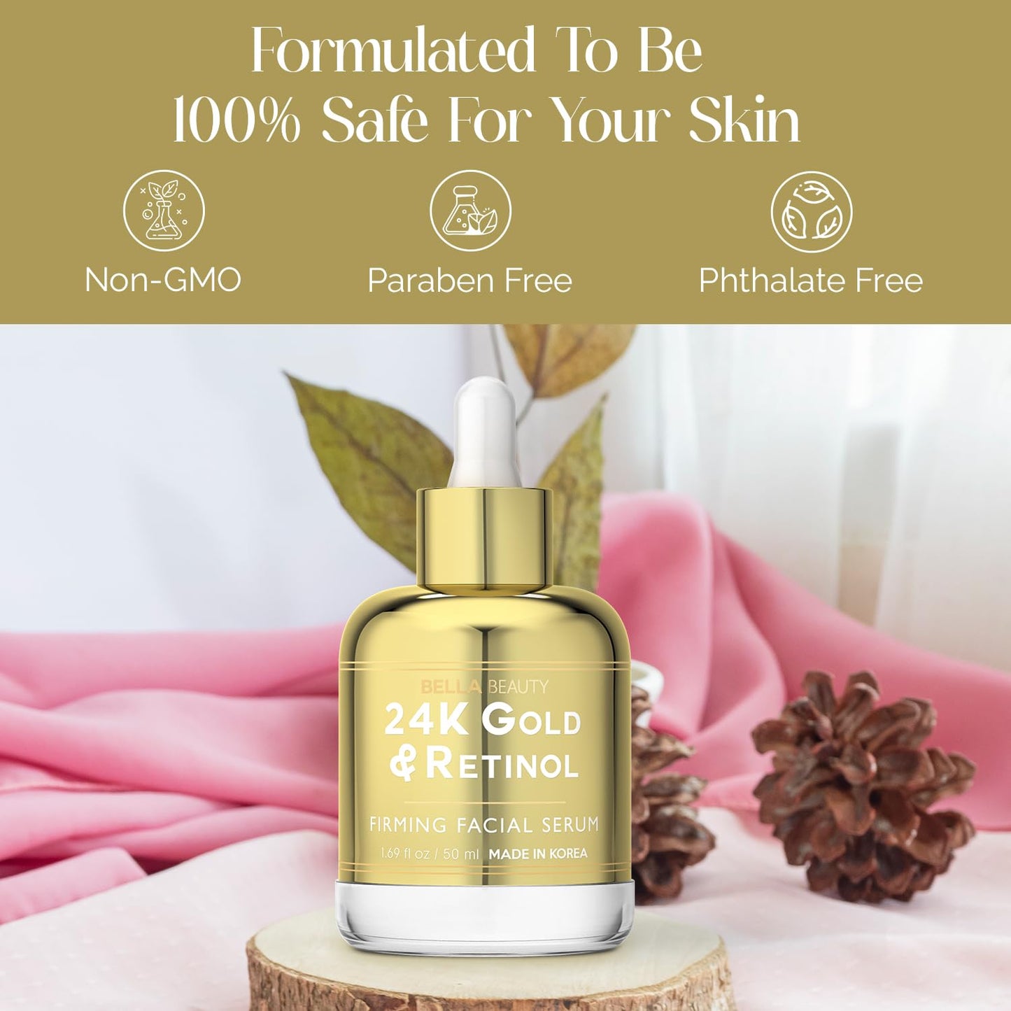 Bella Beauty 24K Gold & Retinol Face Serum - Reduces Age Spots, Fine Lines & Wrinkles, Lifting & Firming - Dermatologist Tested, Cruelty-Free Korean