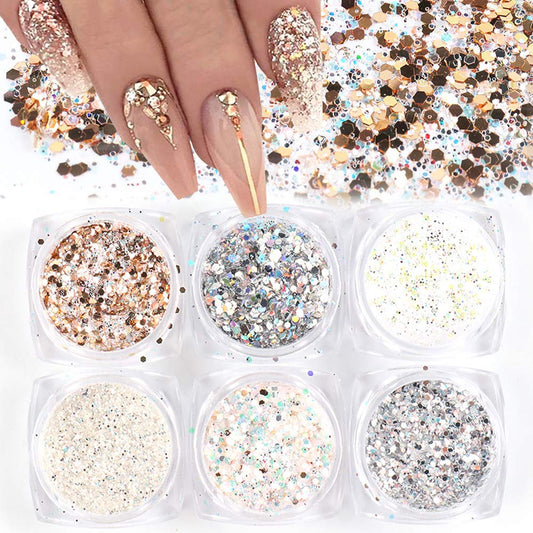 Holographic Nail Art Kits 6 Boxes 3D Glitter Metallic Shining Flakes Acrylic Powder Dust Sequins Decoration Holographic Manicure Tips (Vintage Color) Beauty & Personal Care FANJEIS