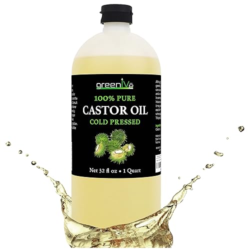 GreenIVe 100% Pure Castor Oil - Cold-Pressed, Hexane-Free - Hair, Eyebrows, Eyelashes, Skin Moisturizer, Castor Pack Wrap Oil Bulk Bottle (32 Fl oz)