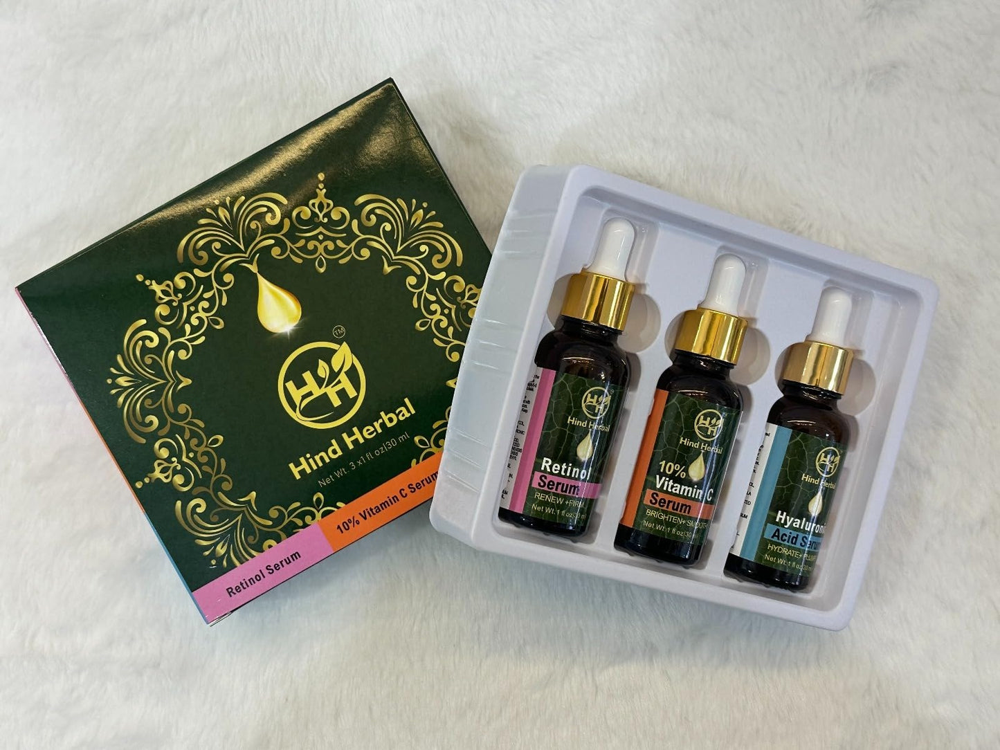 Hind Herbal Improved Vitamin C Hyaluronic Acid Retinol Serum Set of 3 (1 Fl Oz each) Brightening, Face Firming, Hydrating Skincare Routine Kit, Anti