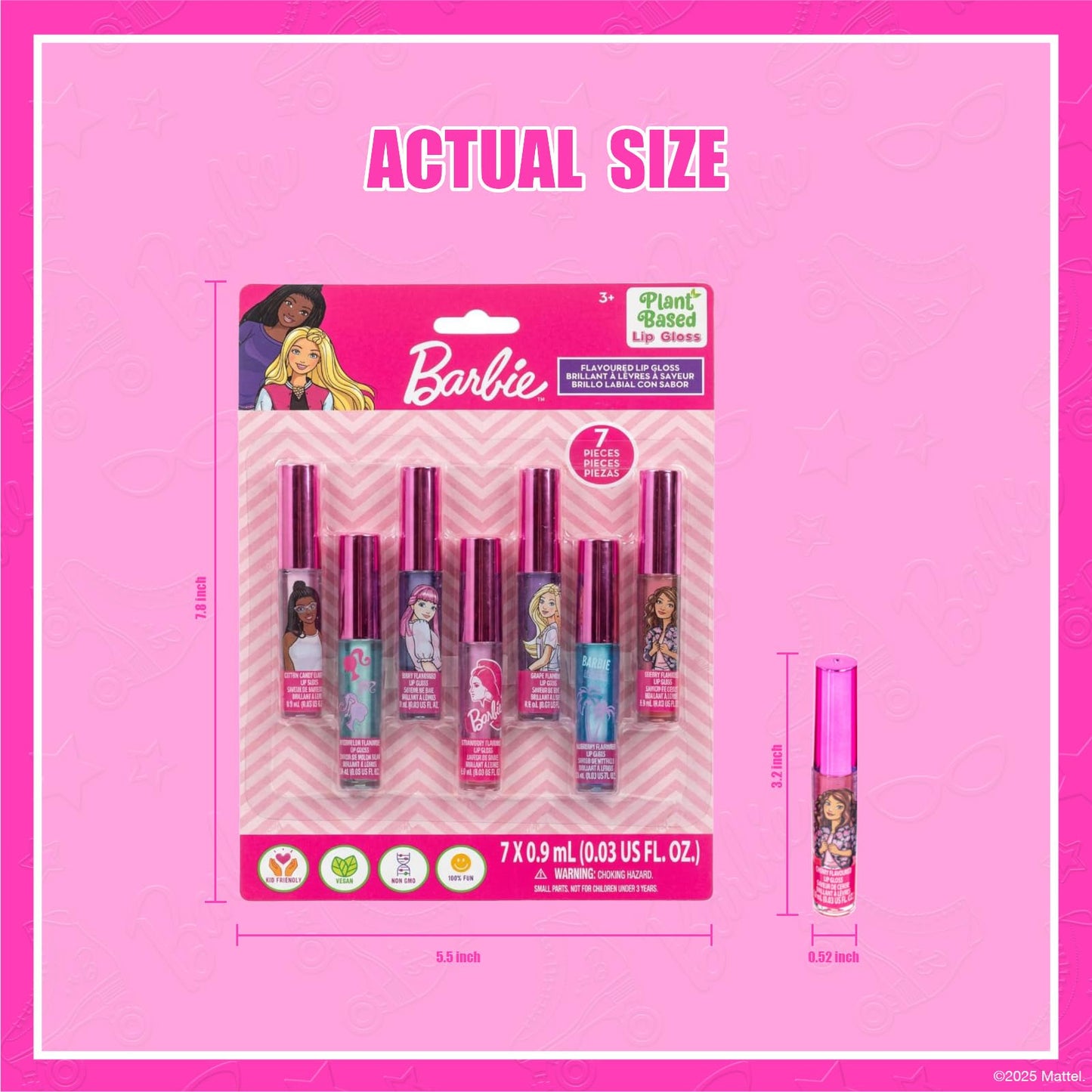 Barbie 7 Piece Plant Based Lip Gloss, Girls Party Favors, First Makeup Set for Girl, Perfect for Parties, Sleepovers, and Birthday Gifts, Ages 3+, by