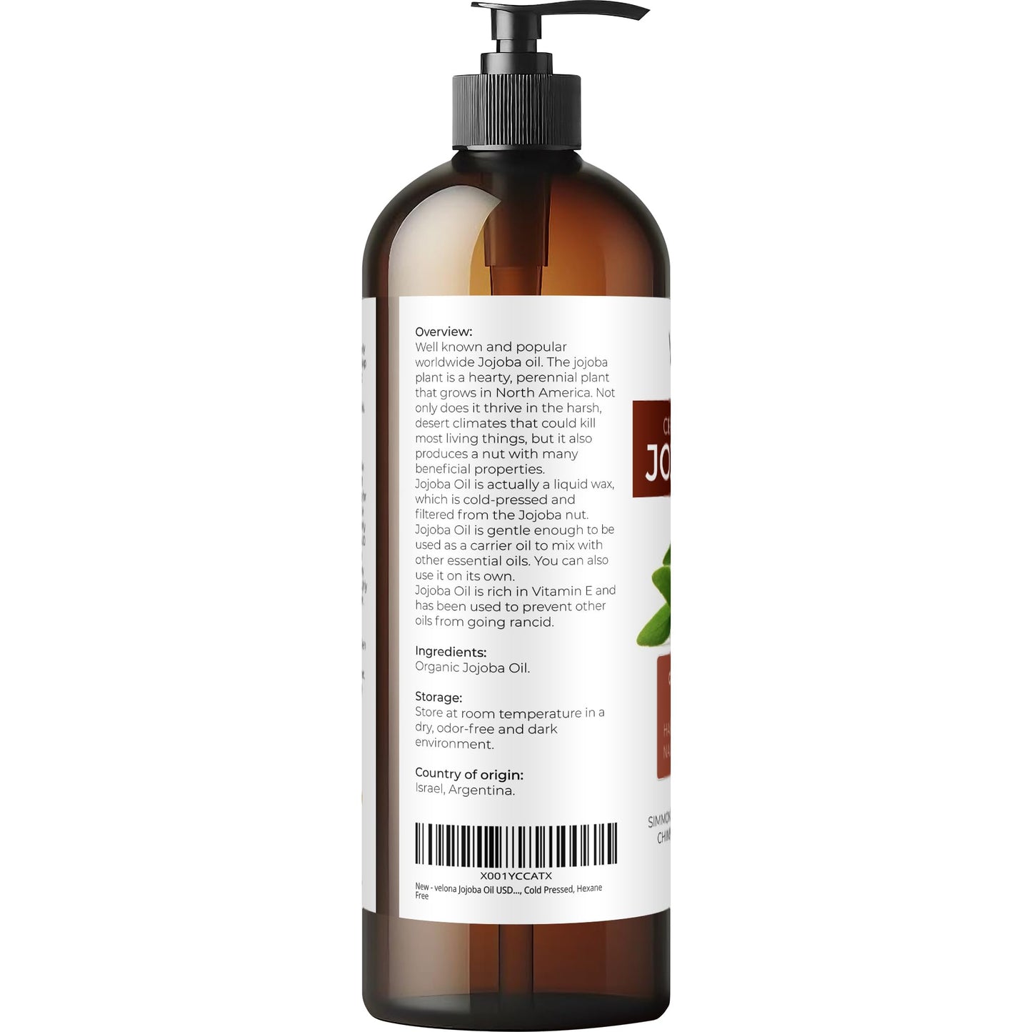 velona Jojoba Oil USDA Certified Organic - 16 fl oz (With Pump) | 100% Pure and Natural | Golden, Unrefined, Cold Pressed, Hexane Free | Moisturizing