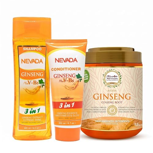 Nevada Natural Ginseng Hair Care System Shampoo Conditioner Treatment Set for Scalp Cleansing Dandruff Control Hair Strength Paraben Silicone Free 3