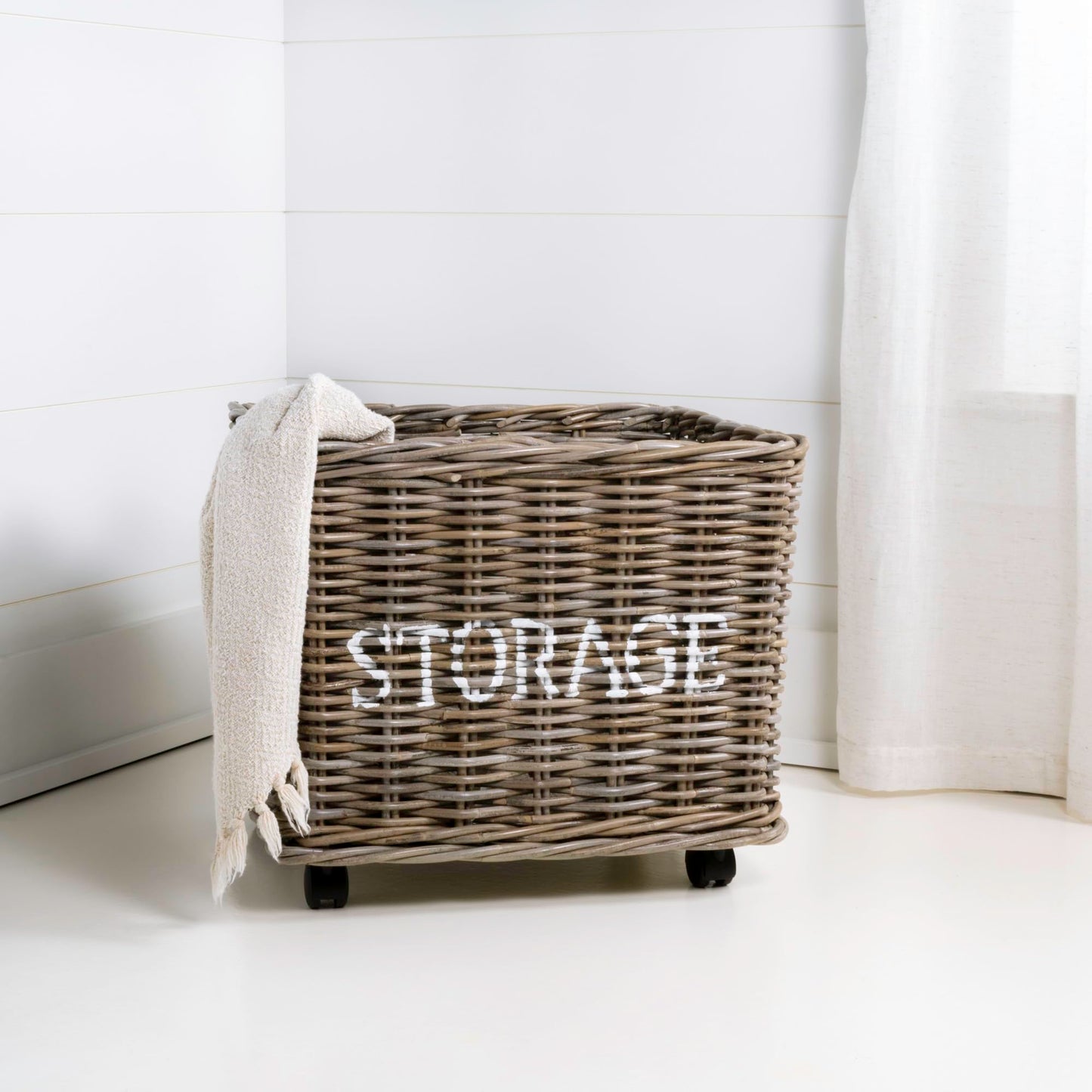 happimess BSK1001A Yael Coastal Hand-Woven "STORAGE" Rattan Basket with Wheels and Handles for Storage and Decoration in Bedroom, Living Room…