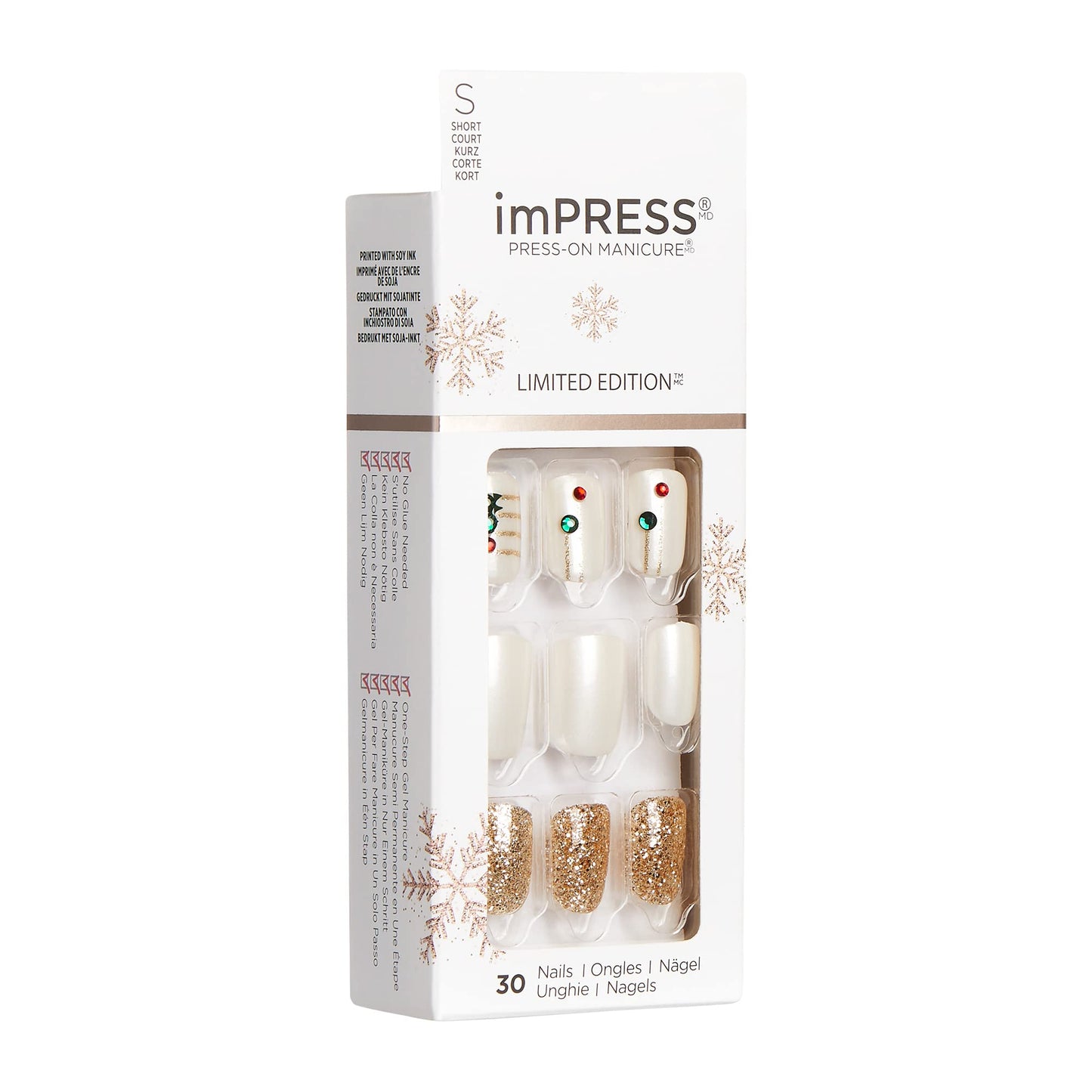 KISS imPRESS Limited Edition Holiday Press-On Nails, Short Size Square Fake Nails, with Prep Pad, Mini Nail File, Cuticle Stick, & 30 False Nails Beauty & Personal Care KISS