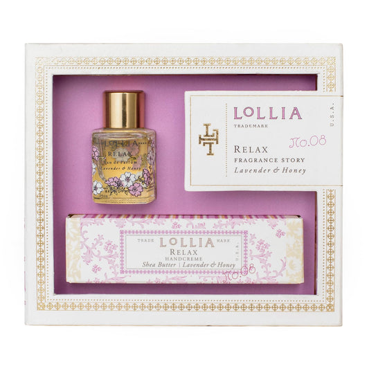 Lollia Relax Fragrance Story Gift Set - .16 fl. oz. Eau de Parfum & .33 oz. Petite Treat Handcreme - Lavender & Honey - Shea Butter Hand Cream