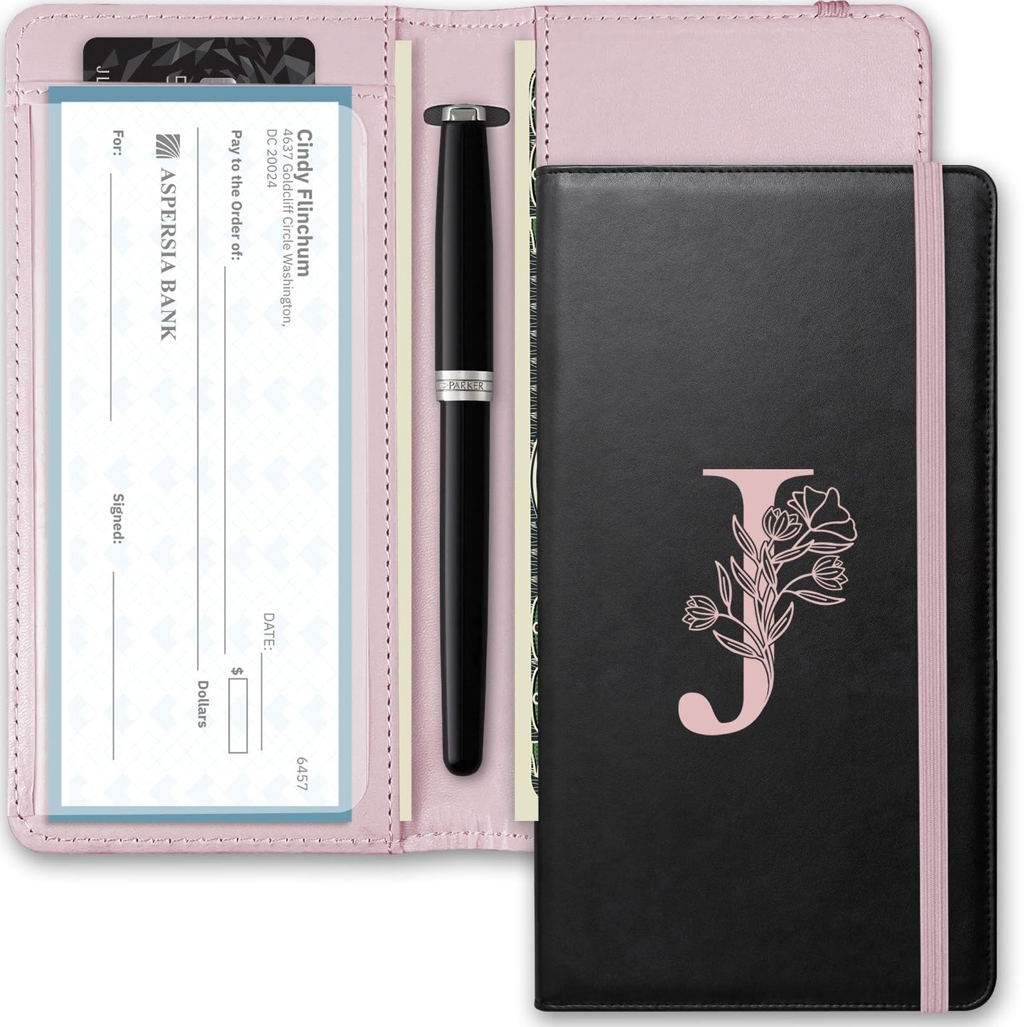 Kakurookie Letter Checkbook Cover, Rfid Blocking Duplicate Checks With Pen Holder, Cards Slots, Multi-Functional For Personal And Business (J)