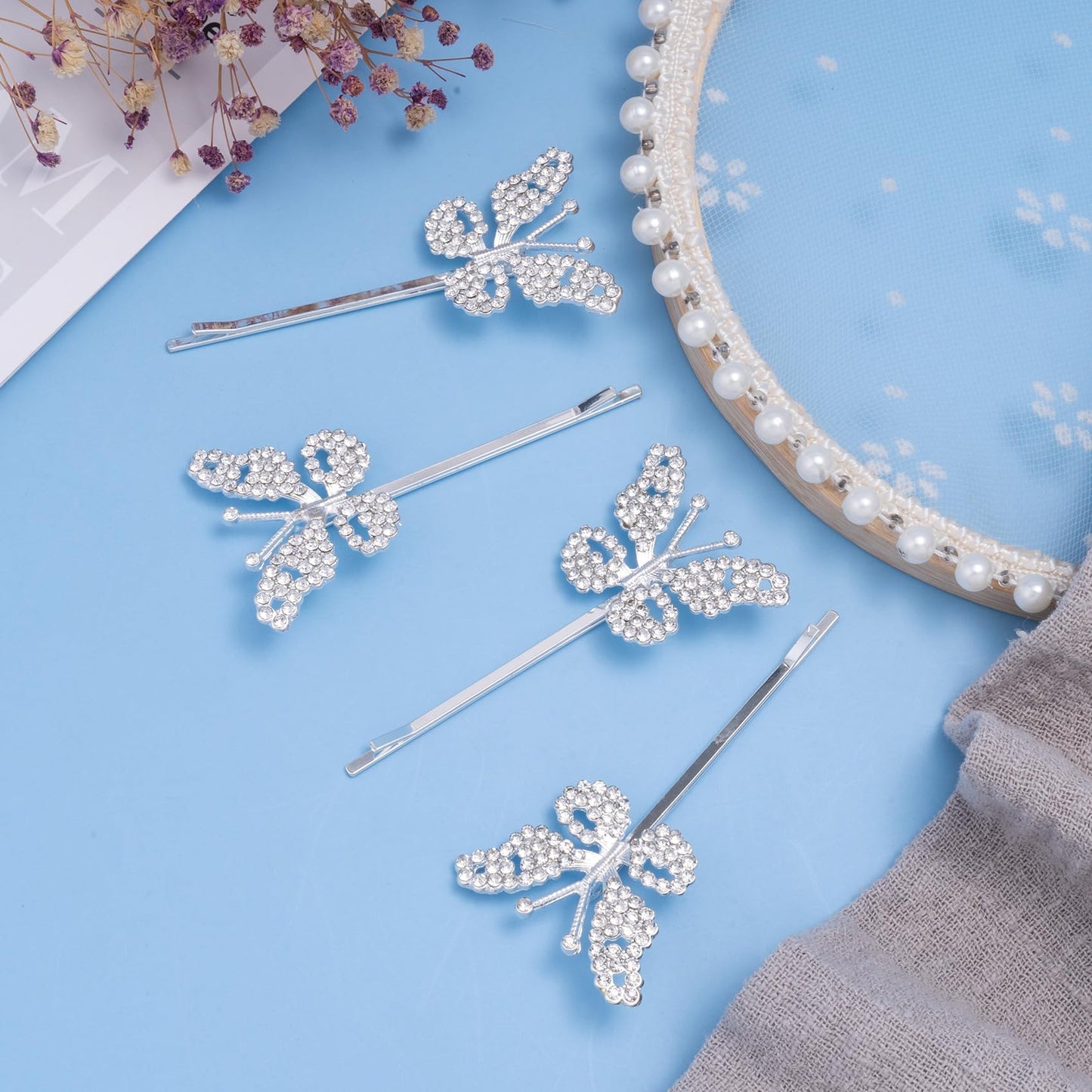 HINZIC 4 Pack Non-Slip Butterfly Hair Clips, Glittering Rhinestone Headwear Styling Bobby Pins, Sparkling Diamond Hairgrip Barrettes Accessories