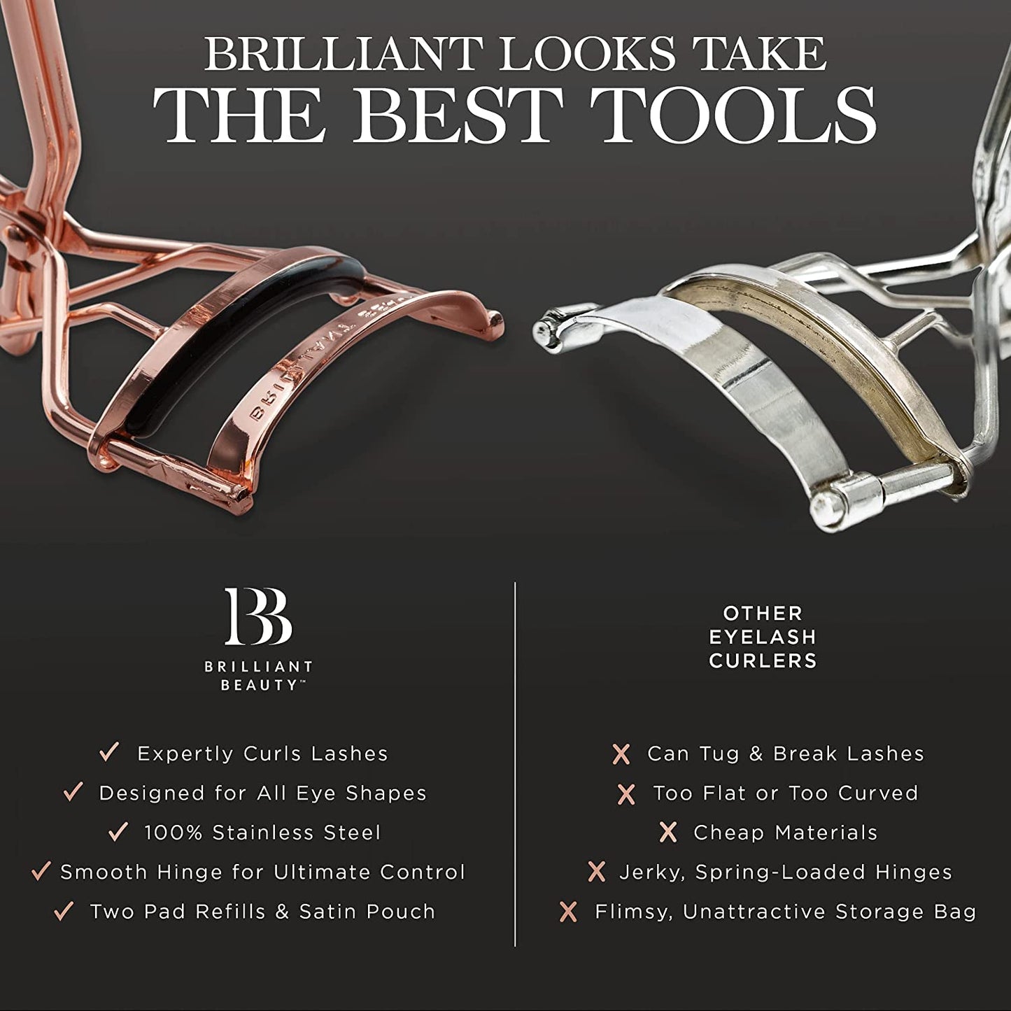 Brilliant Beauty Eyelash Curler with Satin Bag & Refill Pads - Award Winning - No Pinching, Just Dramatically Curled Eyelashes for a Lash Lift