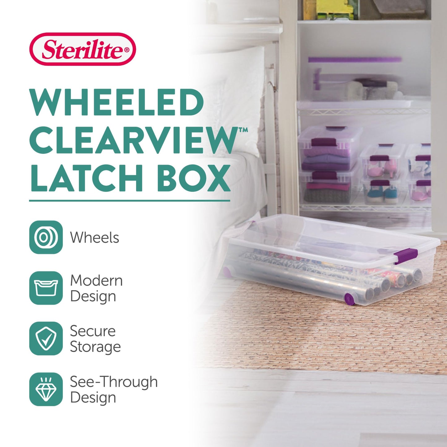 Sterilite 4-Pack 60 Quart ClearView Latch Box, Wheeled Underbed Organizer Bins with Latching Lids - Clear Plastic Organization Containers for Closet…