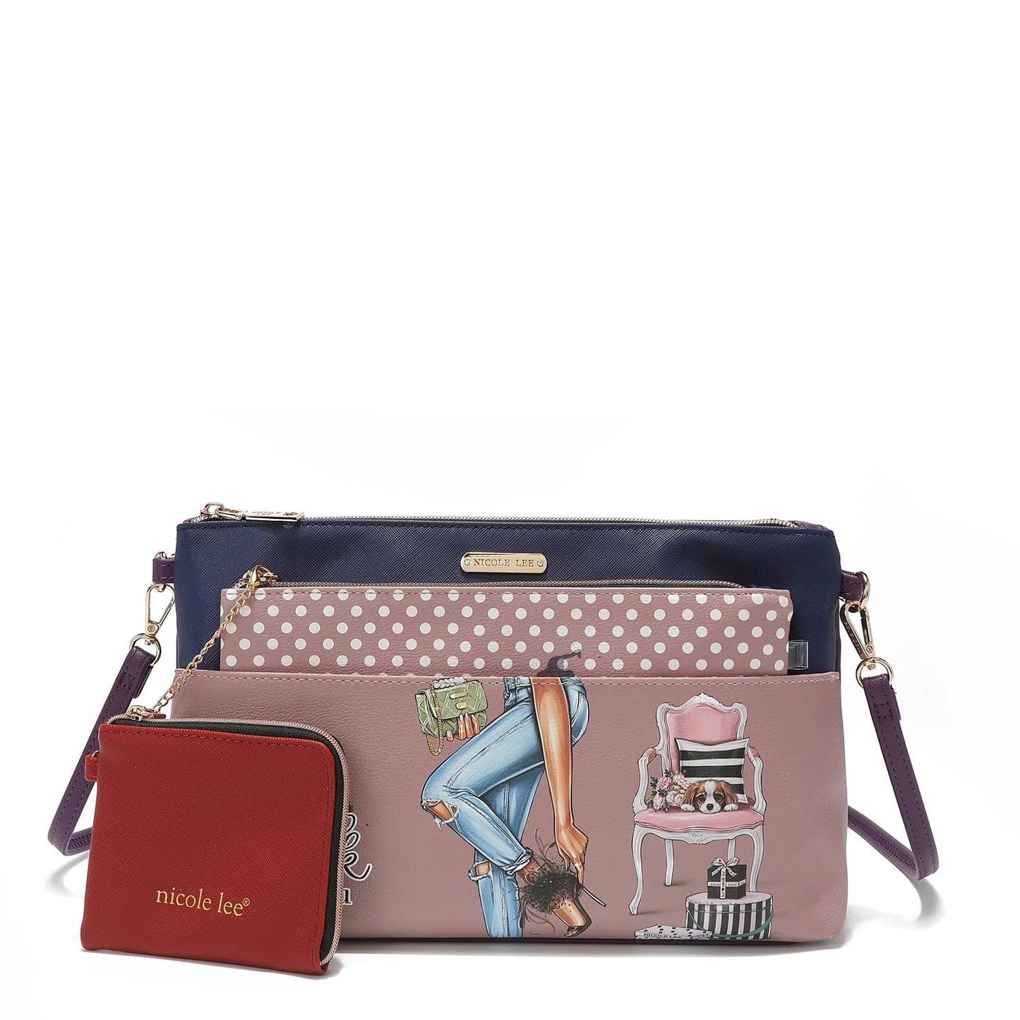 NICOLE LEE 3 Pieces Handbag Pouch Set, Removable Crossbody Strap, Large, Medium Small Zip Pouches, Travel Set (Be My Valentine)