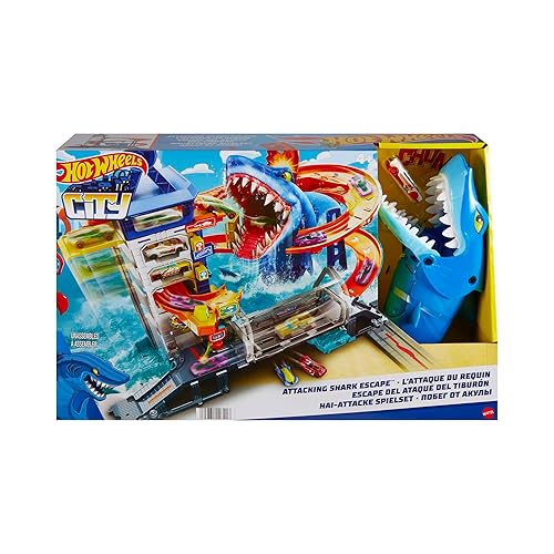 Hot Wheels City Toy Car Track Set, Attacking Shark Escape Playset with 1:64 Scale Vehicle, Multiple Levels, Kid-Powered Lift, Race to Escape, Storage