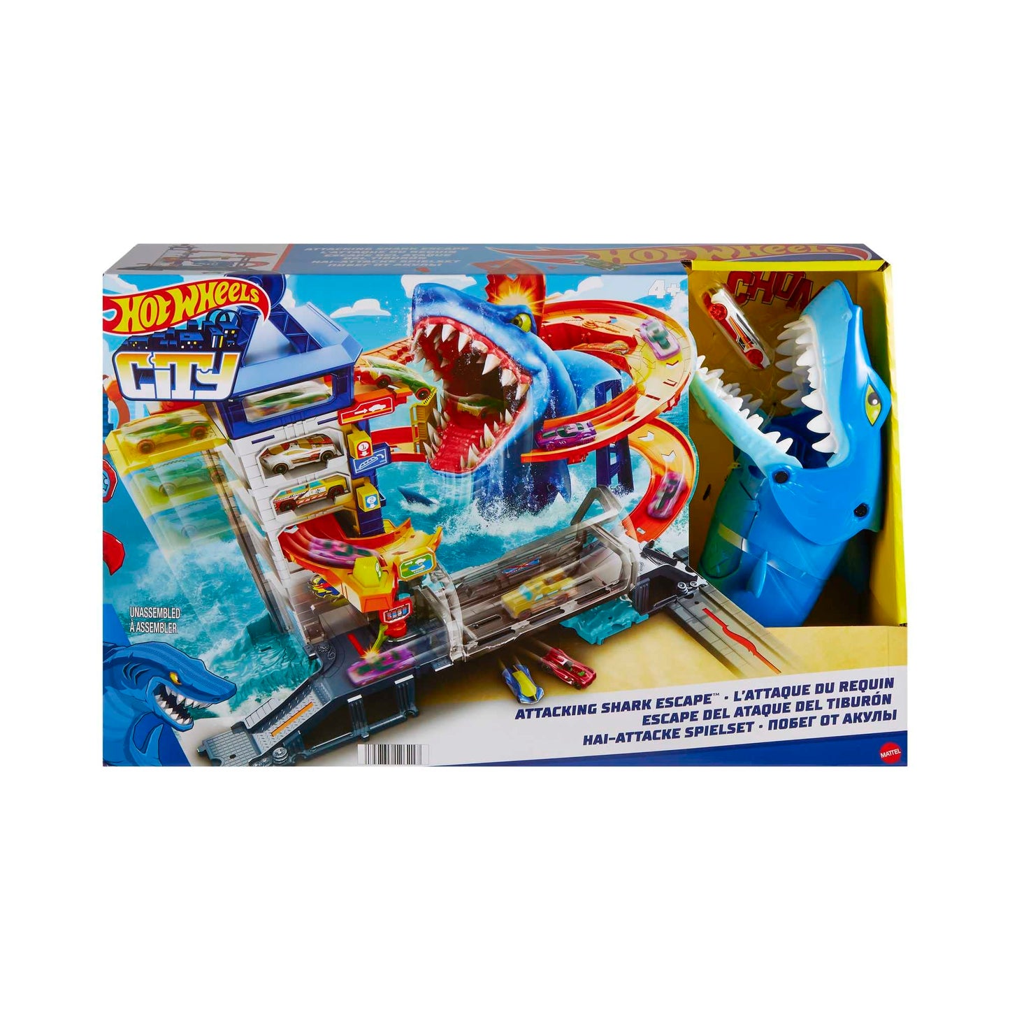 Hot Wheels City Toy Car Track Set, Attacking Shark Escape Playset with 1:64 Scale Vehicle, Multiple Levels, Kid-Powered Lift, Race to Escape, Storage