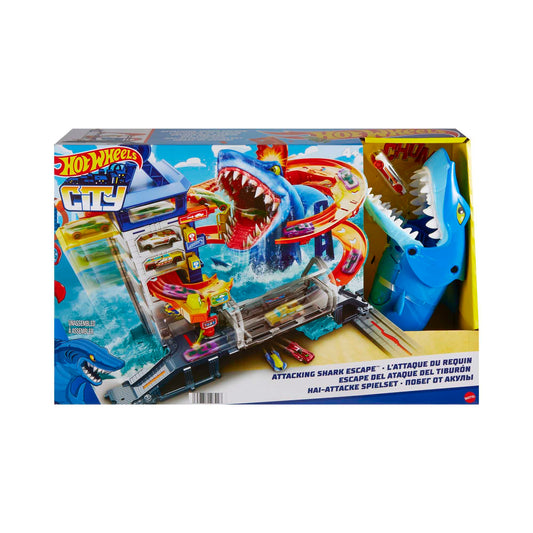 Hot Wheels City Toy Car Track Set, Attacking Shark Escape Playset with 1:64 Scale Vehicle, Multiple Levels, Kid-Powered Lift, Race to Escape, Storage