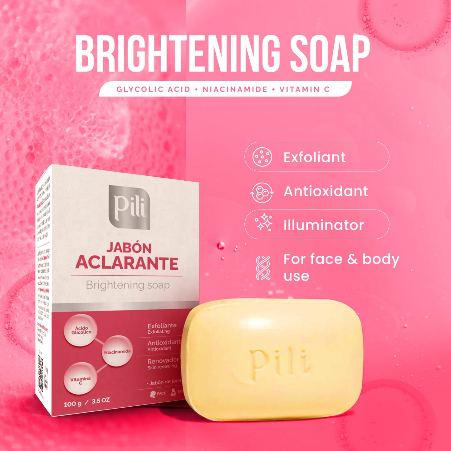 Pili Brightening Soap Bar 2 Pack - Face & Body Exfoliating Soap with Glycolic Acid, Vitamin C & Niacinamide - Skin Brightening for Even Tone & Glowing