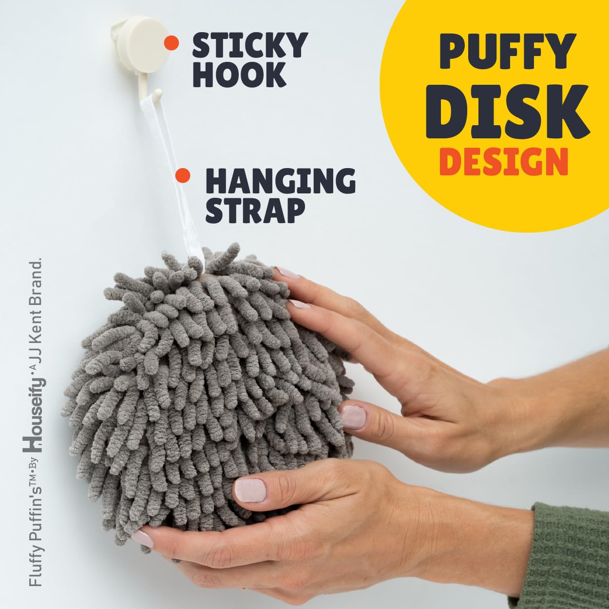 JJ KENT Fluffy Puffins Microfiber Hand Towels - Set of 3 Fluffy Hand Towels with Wall Hook Attachment - Quick and Easy Hand Drying Puffs