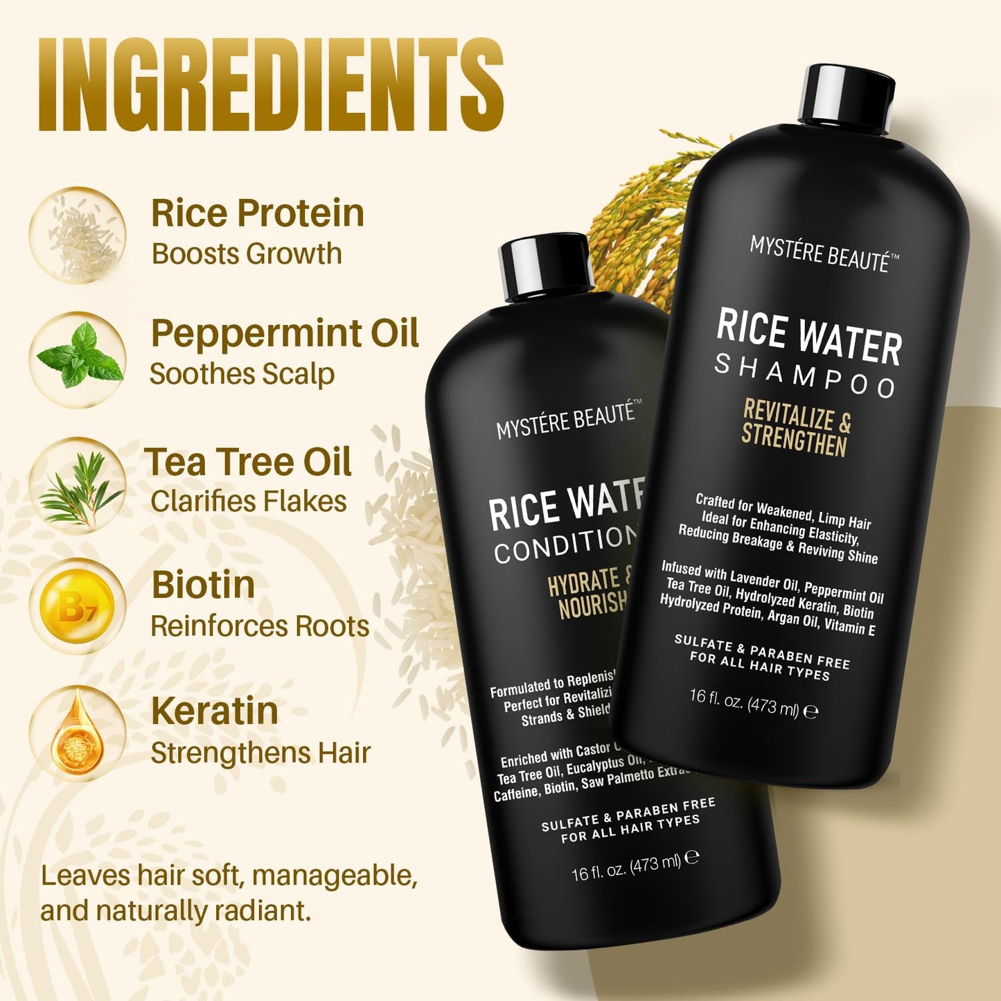 MYSTÉRE BEAUTÉ Rice Water Shampoo and Conditioner Set - Sulfate Free with Biotin, Hyaluronic Acid & Tea Tree - Strengthens, Thickens & Adds Shine