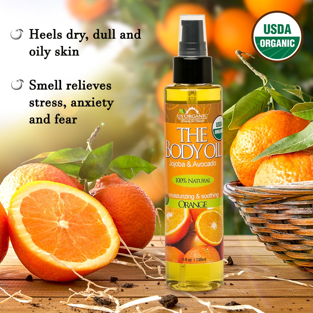 US Organic Body Oil - Fresh Orange - Jojoba and Avocado Oil with Vitamin E, USDA Certified Organic, No Alcohol, Paraben, Artificial Detergents, Color Beauty and Personal Care US Organic