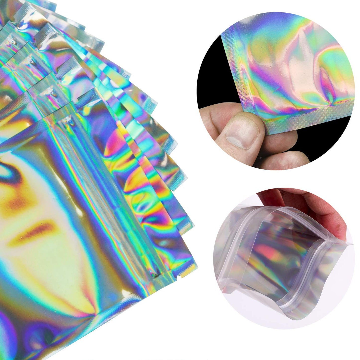100 Pieces Smell Proof Bags - 3x5 Inches Resealable Mylar Bags Clear Zip Lock Food Candy Storage Bags Holographic Rainbow Color