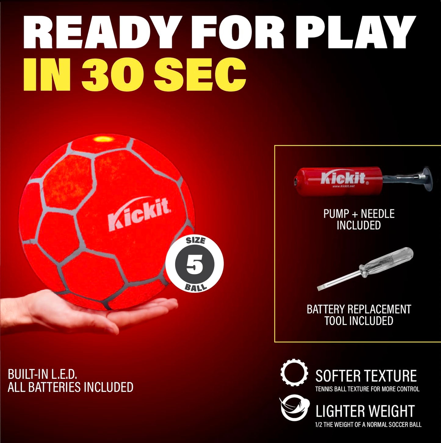 Kickit Soccer LED Light-Up Tennis Ball, Official Soft Lightweight Ball for Training, Freestyle & Juggling, All Ages Outdoor Fun, Backyard, Beach…