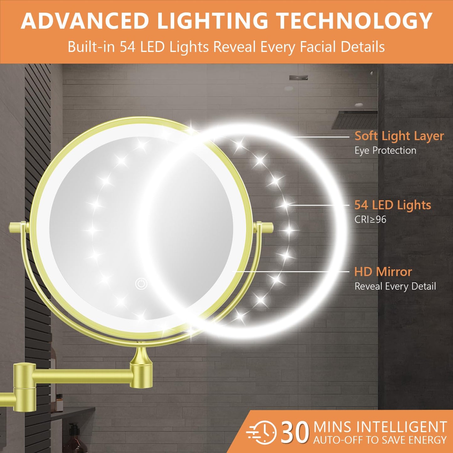 Auxmir 1X/30X Wall Mounted Makeup Mirror with Light, 8" Rechargeable Double-Sided Magnifying Mirror, Vanity Mirror Dimmable 3 Color Light, 360° Beauty and Personal Care Auxmir