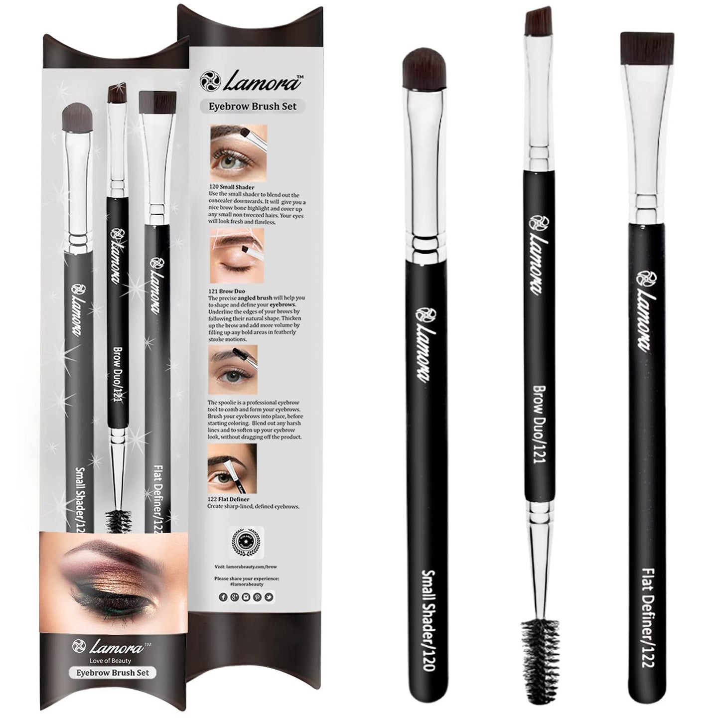 Eyebrow Brush - Duo Eye Brow Spoolie - Angled Eyeshadow Eyeliner - Precision Flat Definer - Small Shader - 3 Piece Makeup Brush Set - Cruelty Free