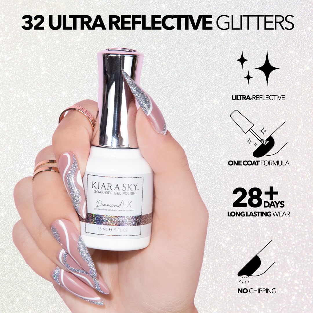 KIARA SKY Gel Polish DiamondFX Reflective Glitter Soak Off with Sparkle Diamond dust effect 0.5 fl oz, Moondust (silver metallic)