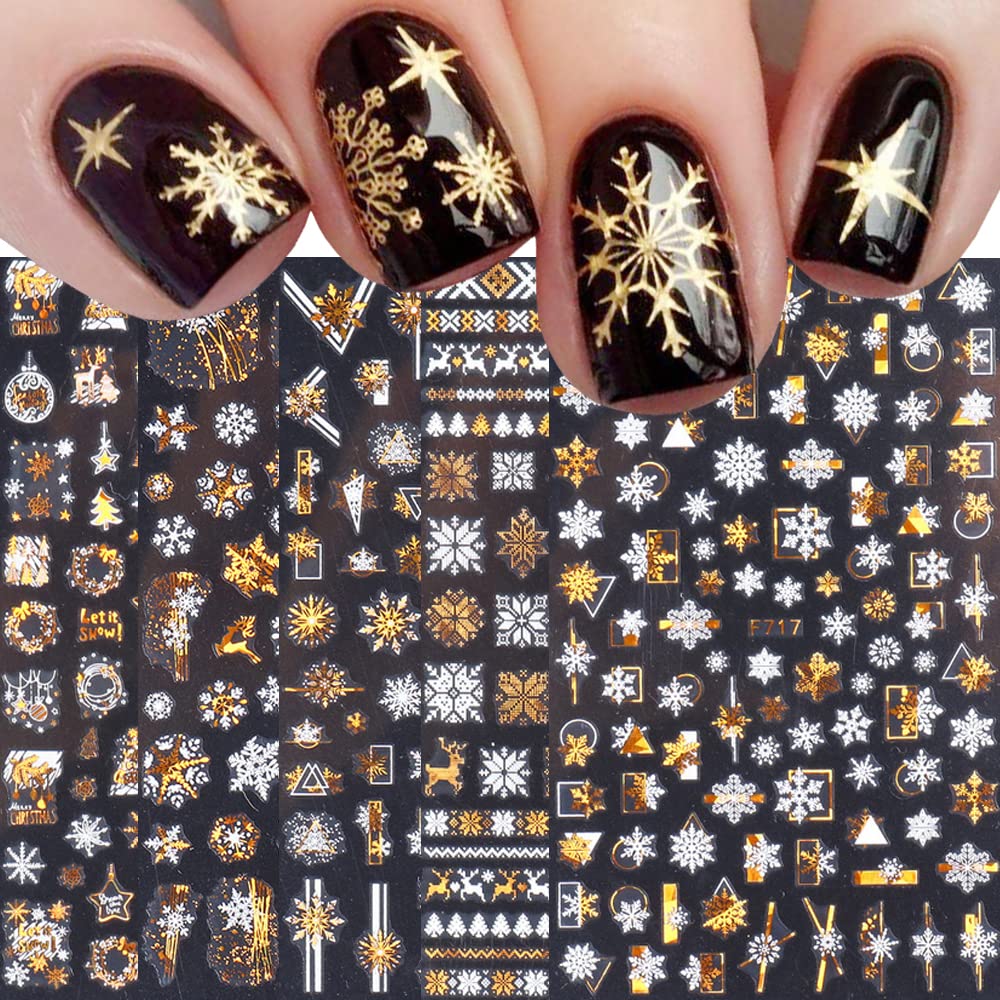Christmas Nail Stickers, 3D Metal Gold Snowflake Nail Decals White Snowflake Elk Snowman Santa Claus Tree Christmas Bell Xmas Winter Nail Art Design