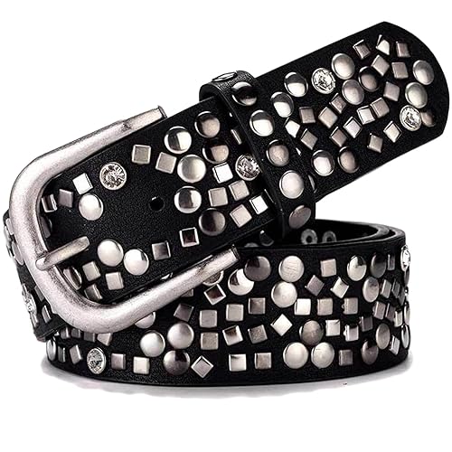 Karoukee Ladies Fashion Belt With Studded Rivets and Rhinestones,Women Shiny Fashion Leather Waist Belt for Jeans Pants Shorts Dresses (Solid Black)