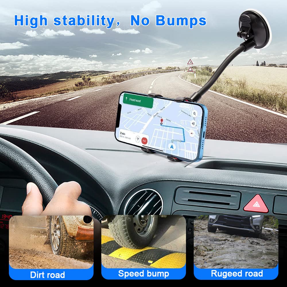 YZtree Phone Holders for Your Car: Windshield Phone Mount with Long Arm, 360° Rotation Strong Suction Cell Phone Car Mount, Anti-Shake Stabilizer…
