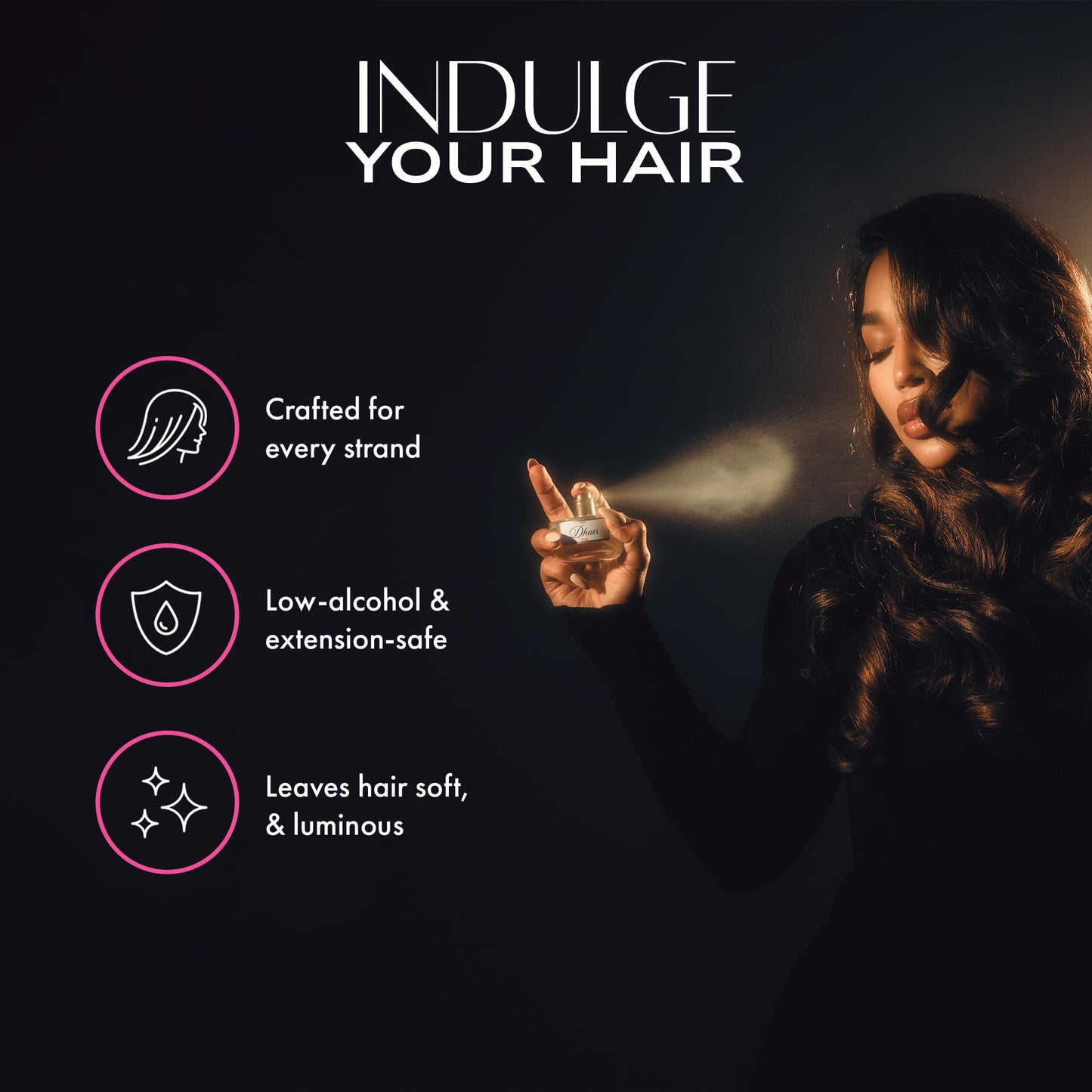 D'Cheveux Hair Perfume Mist for all hair types. Long- lasting fragrance with Jasmine, vanilla, coconut & caramel scent. Infused with Argan Oil