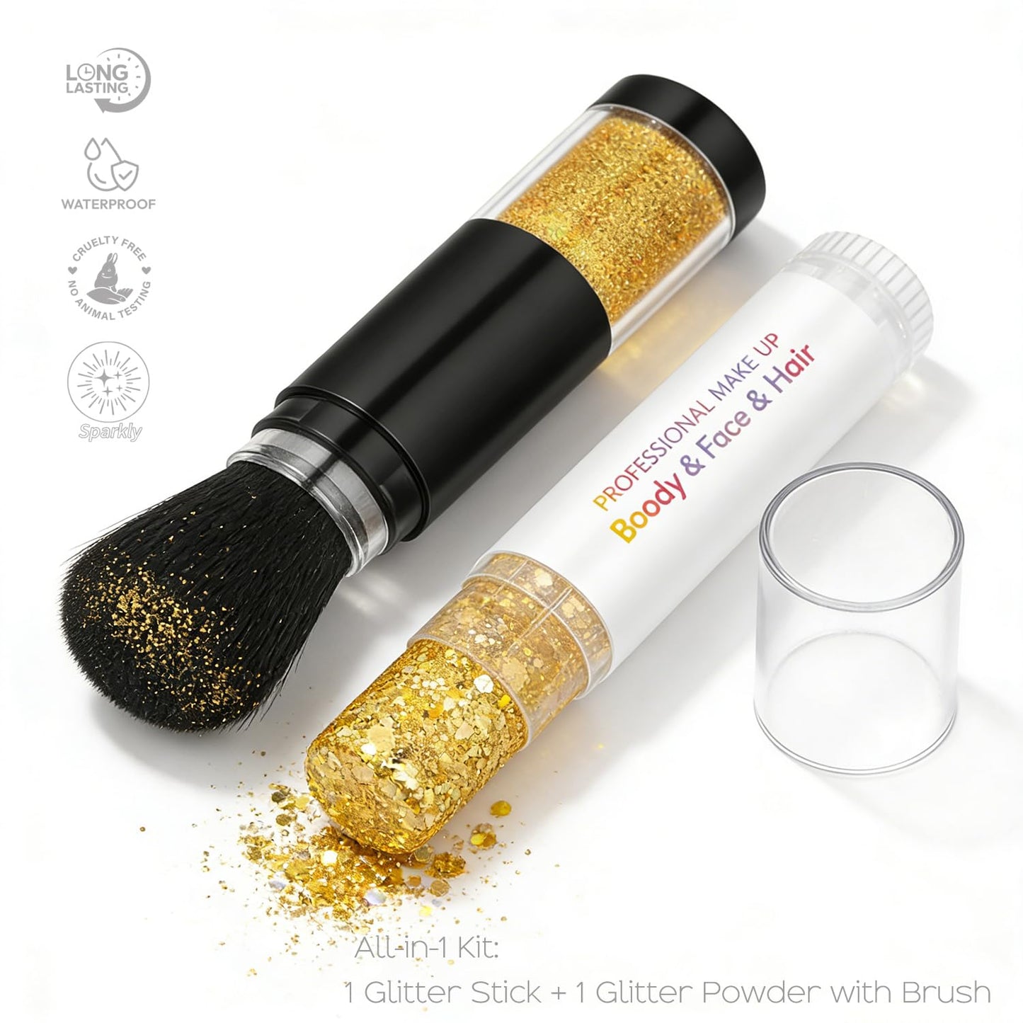 Holographic Mermaid Glitter Makeup Kit: 2-in-1 Body & Face Stick & Loose Powder with Built-in Brush for Festival, Rave, Concert, Carnival | Shimmery