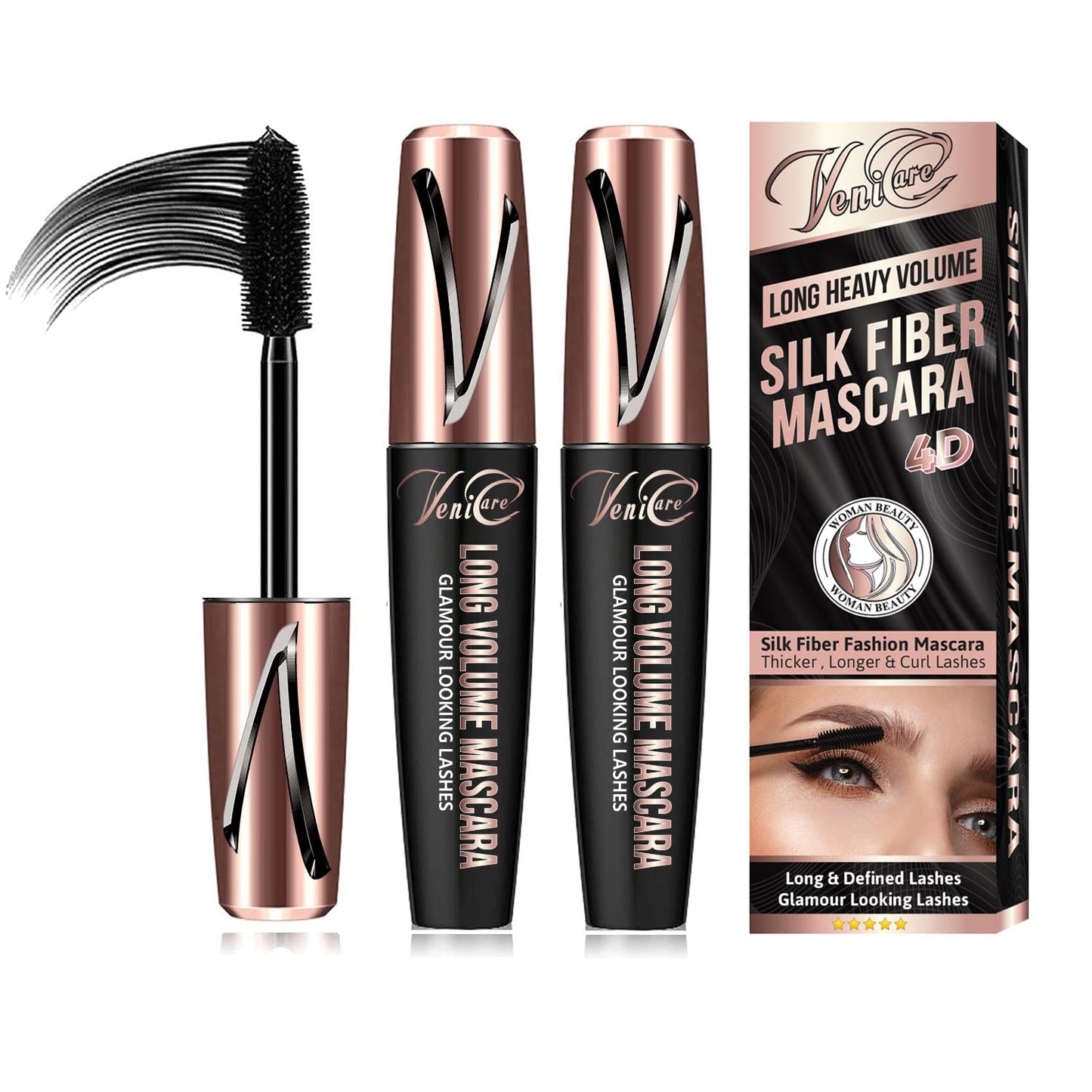 Venicare 4D Silk Fiber Lash Mascara Liquid Extension Makeup Eye Lash Kit Luxuriously Longer Thicker Voluminous Eyelashes Waterproof Smudge-proof