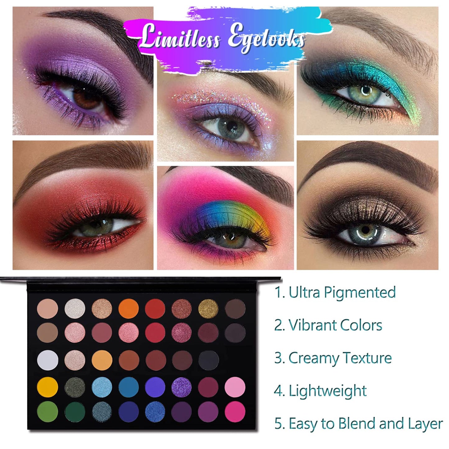 CHARMCODE 40 Colors High Pigmented Shimmer Matte Eyeshadow Makeup Palette Full Spectrum Artist Glitter Metallic Waterproof Creamy Blendable Eye Shadow