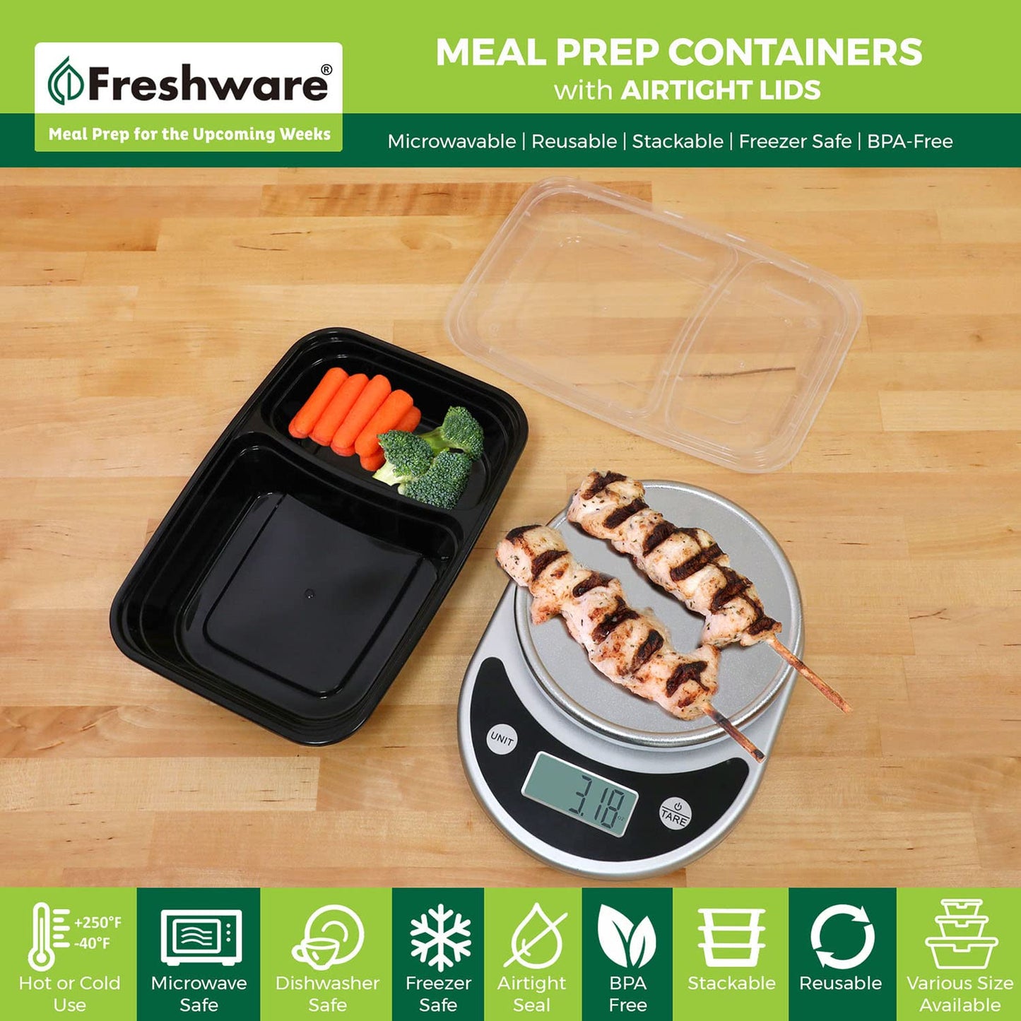 Freshware Meal Prep Containers [15 Pack] 2 Compartment with Lids, Food Storage Containers, Bento Box, BPA Free, Stackable…