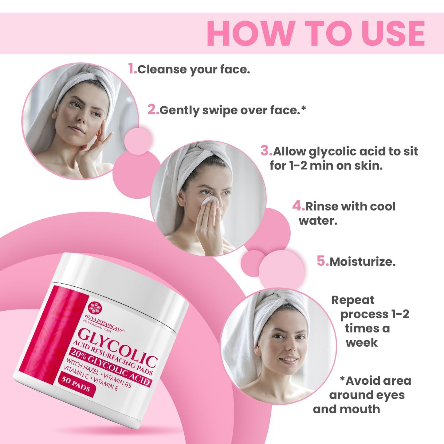 20% Glycolic Acid Exfoliating Pads 50 Ct – At-Home Chemical Peel with Vitamin C | Face Pads for Acne, Wrinkles, Dark Spots & Smooth Skin