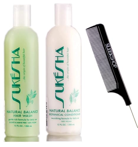 Sukesha Natural Balance Hair Wash Shampoo & Botanical Conditioner DUO SET (w/Sleek Comb) Nourishing Daily Formula, 100% Vegan (12 oz + 12 oz DUO KIT)