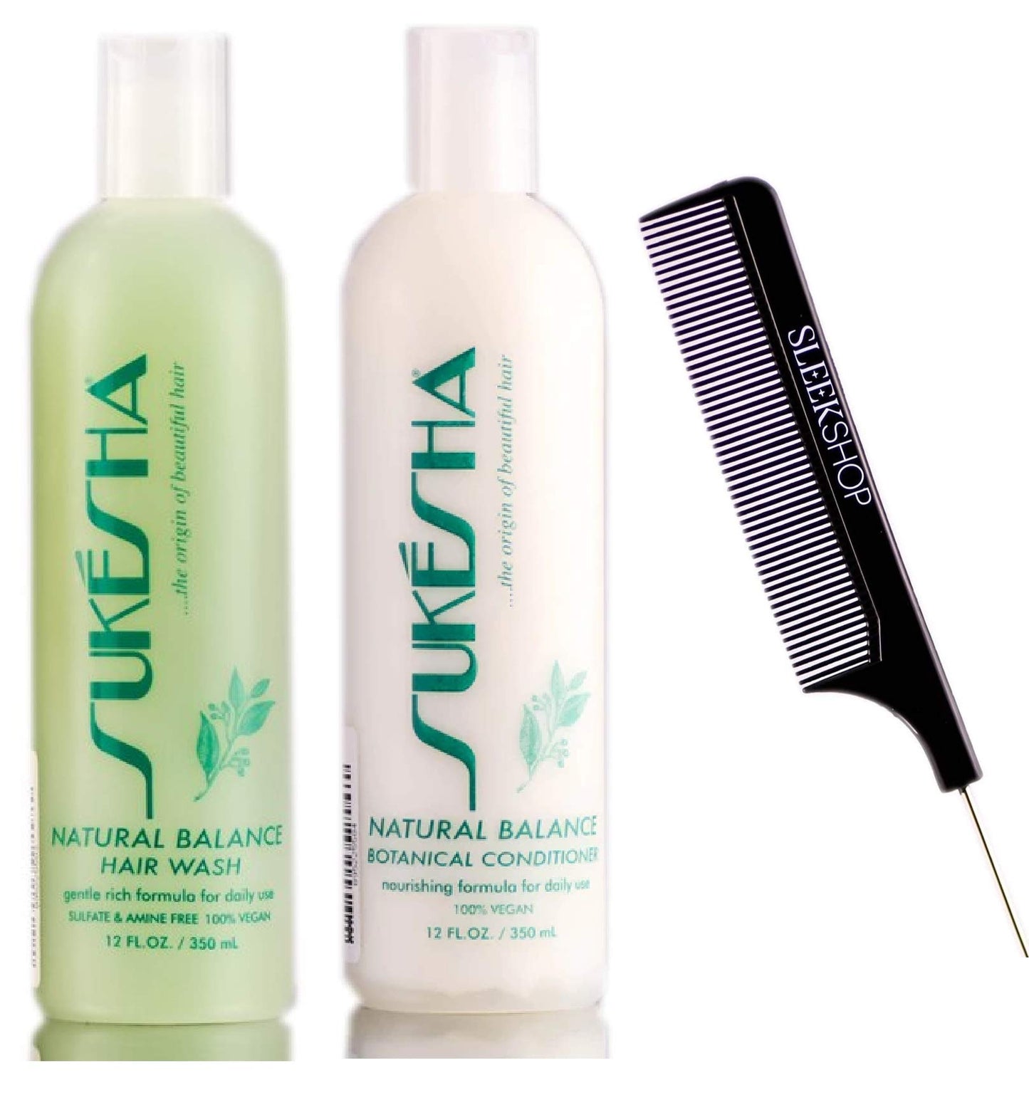 Sukesha Natural Balance Hair Wash Shampoo & Botanical Conditioner DUO SET (w/Sleek Comb) Nourishing Daily Formula, 100% Vegan (12 oz + 12 oz DUO KIT)