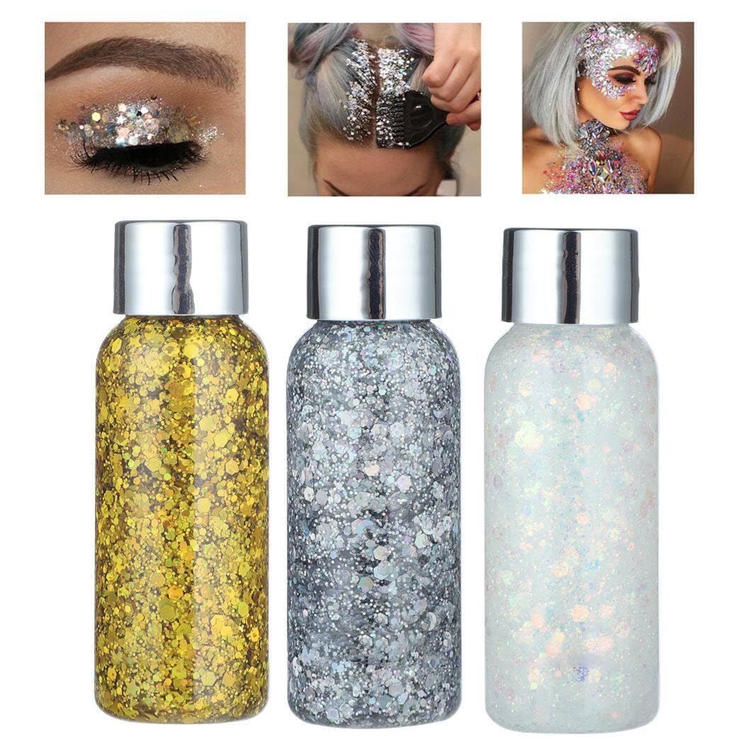 BOSREROY 3 Pack Holographic Glitter Body Gel - Liquid Sequin Sparkle for Festive Occasions